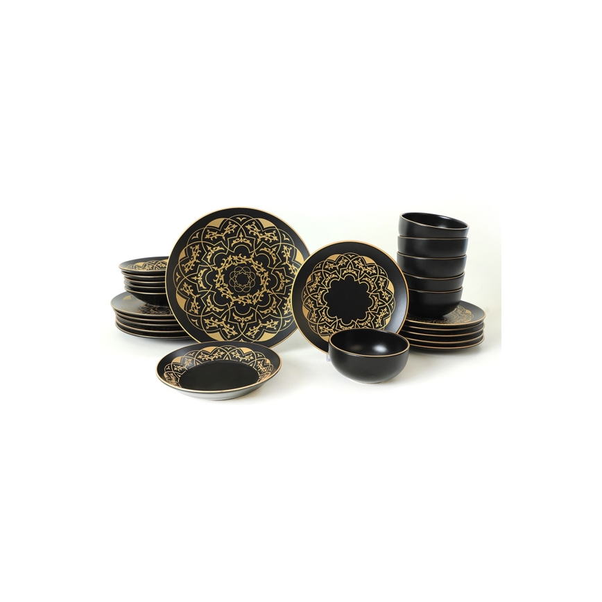 24-piece ceramic dinnerware set in black and gold