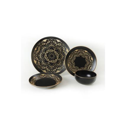 24-piece ceramic dinnerware set in black and gold