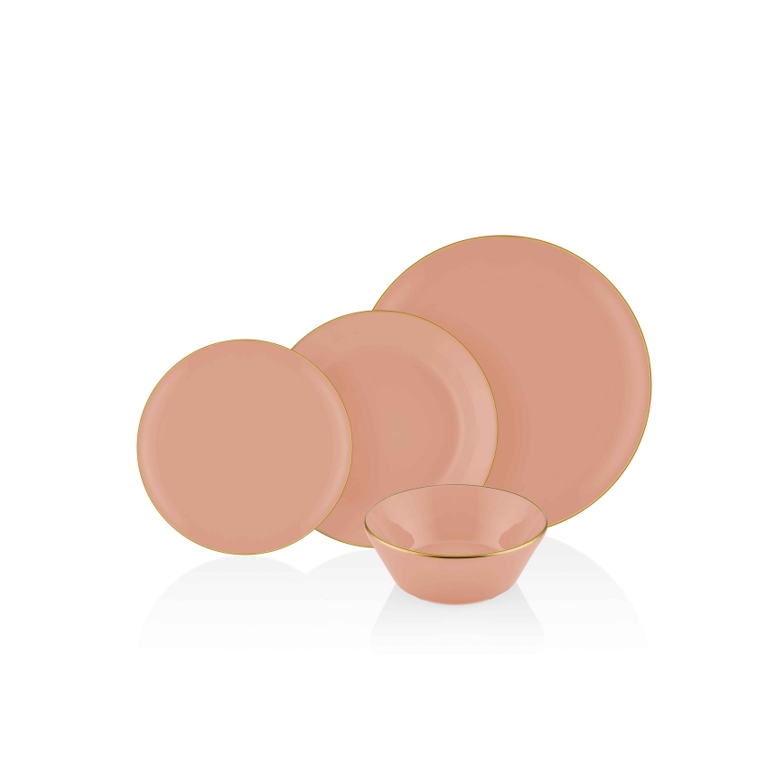 24-piece ceramic dinnerware set in salmon with gold accents