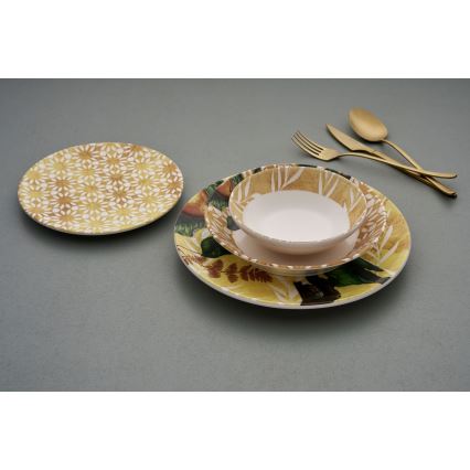 24-piece ceramic dinnerware set in yellow, green and white