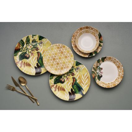 24-piece ceramic dinnerware set in yellow, green and white