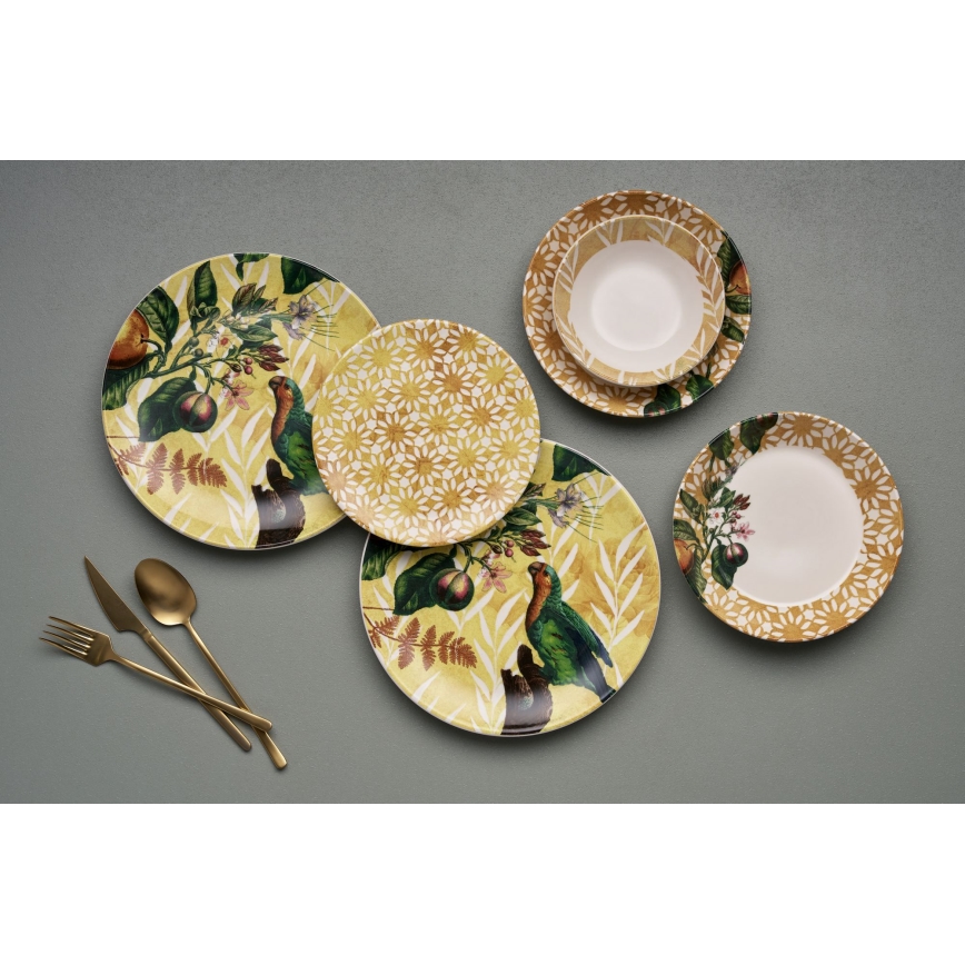 24-piece ceramic dinnerware set in yellow, green and white