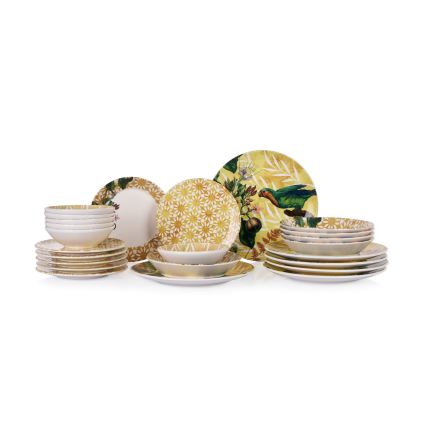 24-piece ceramic dinnerware set in yellow, green and white