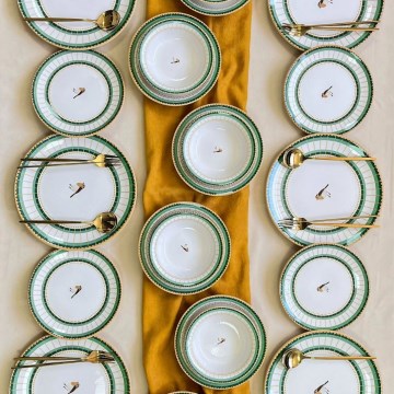 24-Piece Ceramic Dinnerware Set — White / Green / Gold