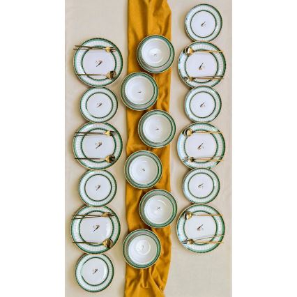 24-Piece Ceramic Dinnerware Set — White / Green / Gold