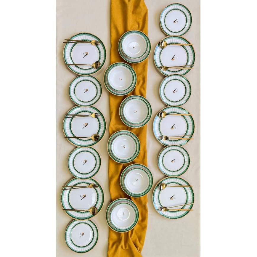24-Piece Ceramic Dinnerware Set — White / Green / Gold