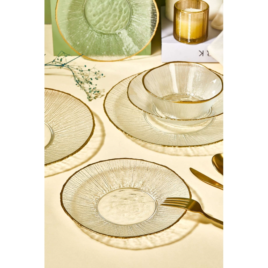 24-piece clear glass dining set with gold accents