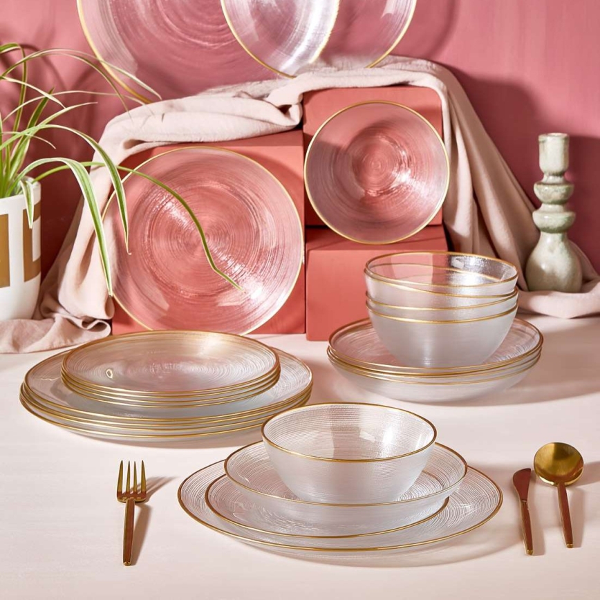 24-piece clear glass dinner set with gold accents
