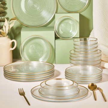 24-piece dining set, clear glass with gold trim