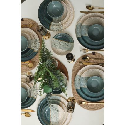 24-piece dinner set in turquoise and cream, stoneware