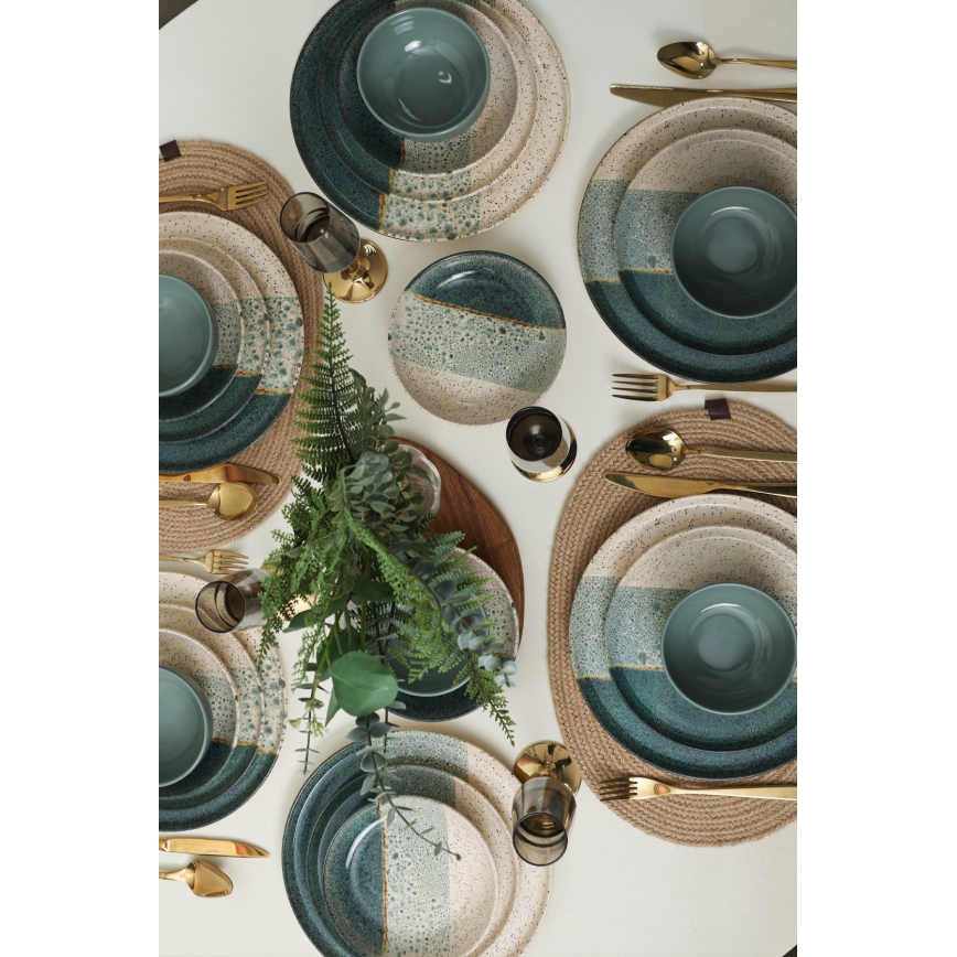 24-piece dinner set in turquoise and cream, stoneware