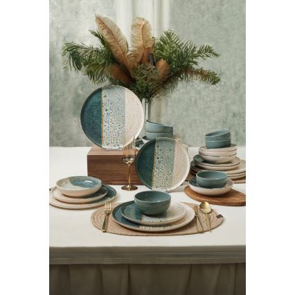 24-piece dinner set in turquoise and cream, stoneware