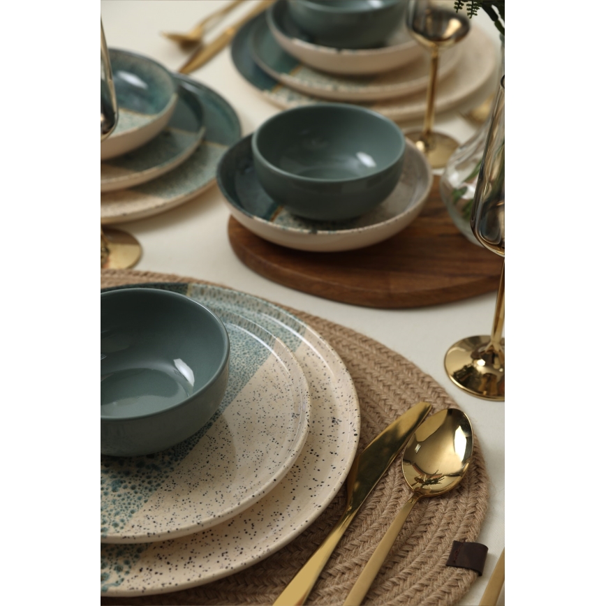 24-piece dinner set in turquoise and cream, stoneware
