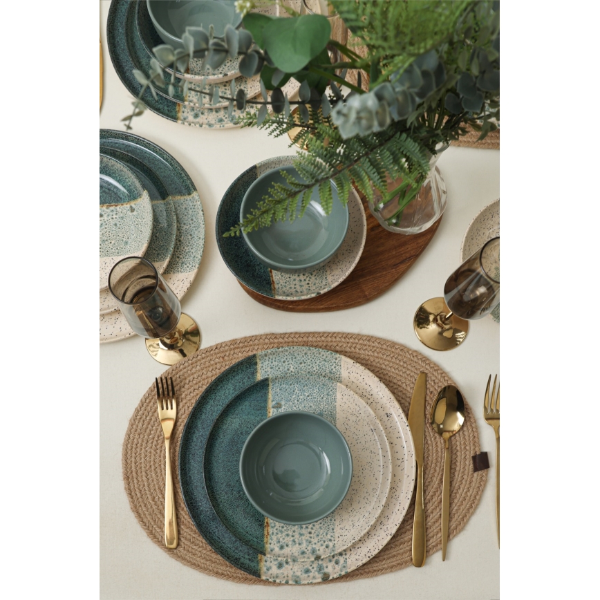 24-piece dinner set in turquoise and cream, stoneware