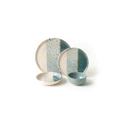 24-piece dinner set in turquoise and cream, stoneware