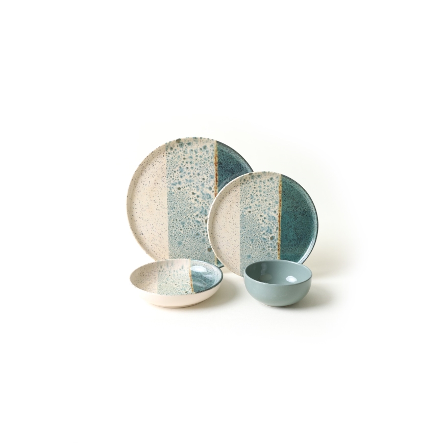24-piece dinner set in turquoise and cream, stoneware