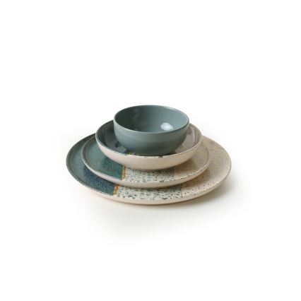 24-piece dinner set in turquoise and cream, stoneware