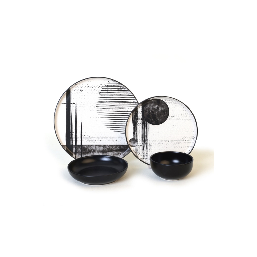 24-piece dinnerware set — white / black / stoneware