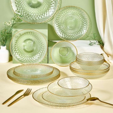 24-piece glass dinnerware set — clear with gold trim