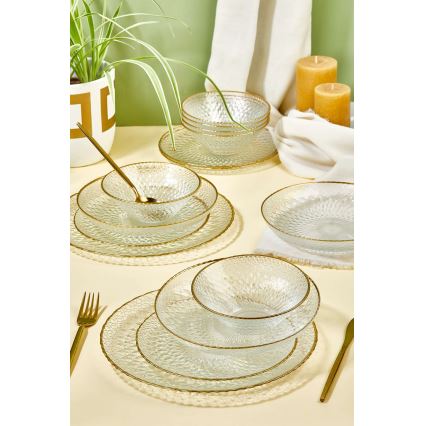 24-piece glass dinnerware set — clear with gold trim
