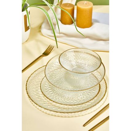 24-piece glass dinnerware set — clear with gold trim