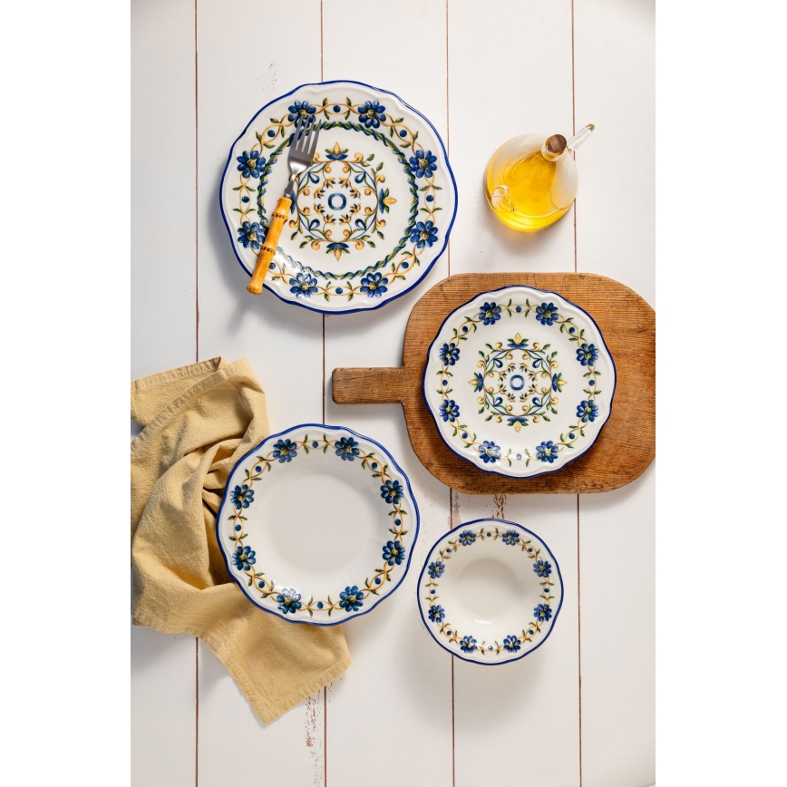 24-piece porcelain dining set in white, blue and yellow