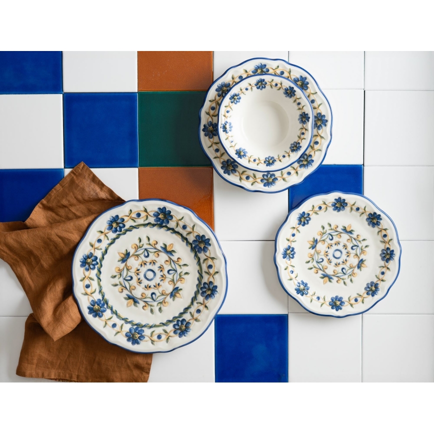 24-piece porcelain dining set in white, blue and yellow