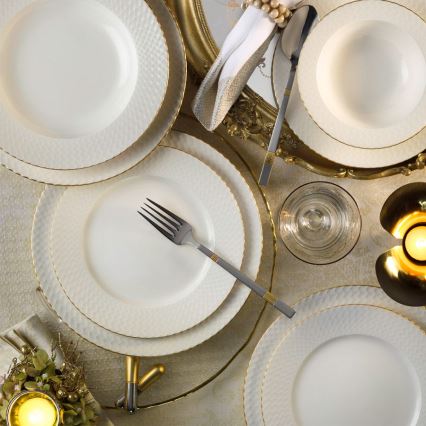 24-piece porcelain dining set in white with gold trim
