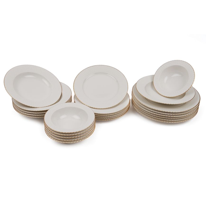24-piece porcelain dining set in white with gold trim
