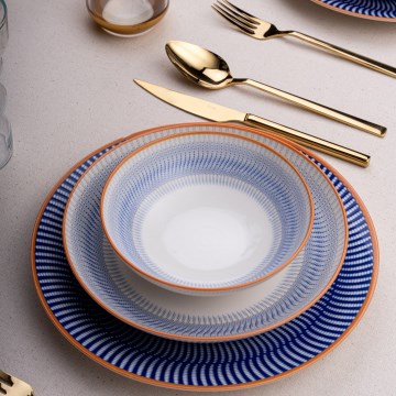 24-piece porcelain dinner set in blue and orange