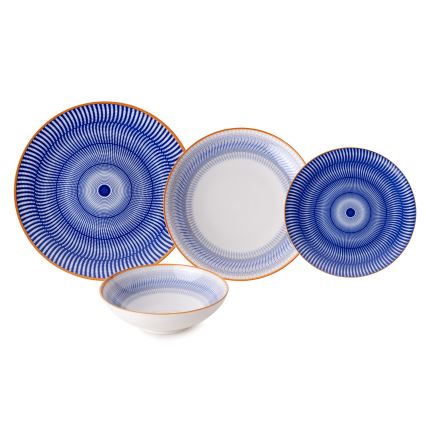 24-piece porcelain dinner set in blue and orange