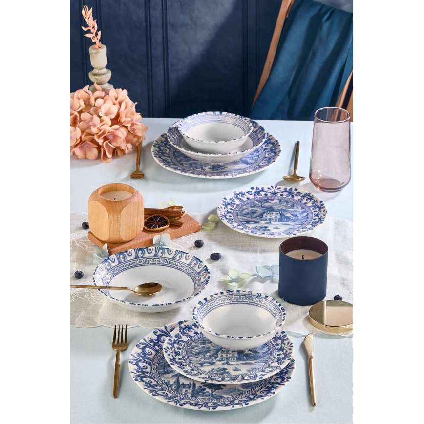 24-piece porcelain dinner set in white and blue