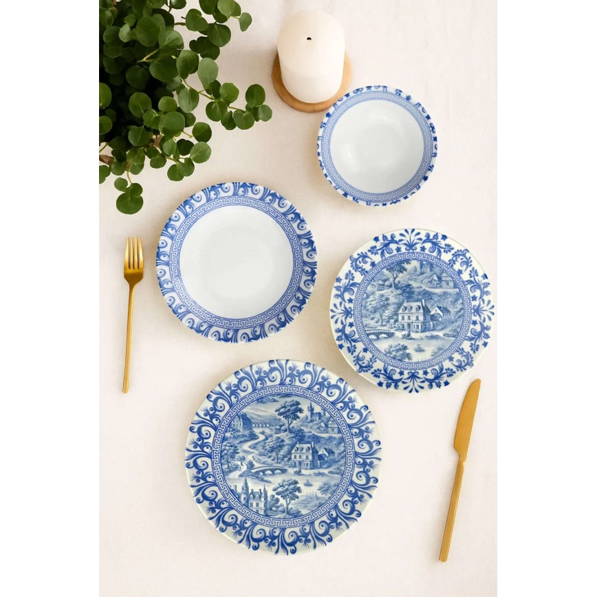 24-piece porcelain dinner set in white and blue