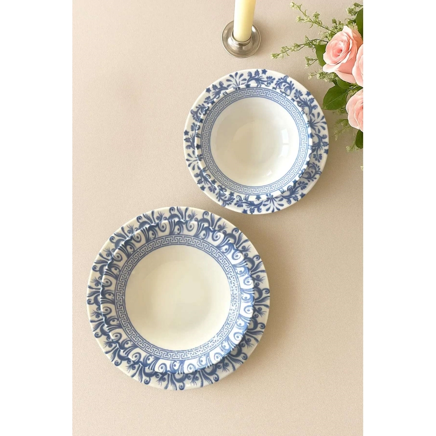 24-piece porcelain dinner set in white and blue