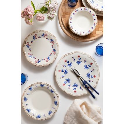 24-piece porcelain dinner set in white, blue and red