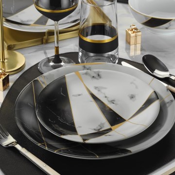 24-piece porcelain dinner set — black/white/gold