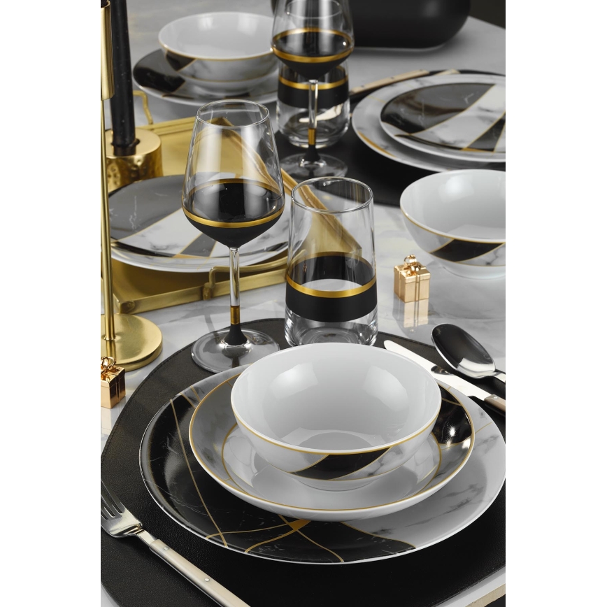 24-piece porcelain dinner set — black/white/gold
