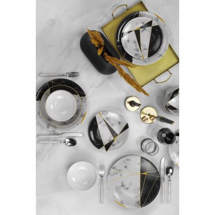 24-piece porcelain dinner set — black/white/gold