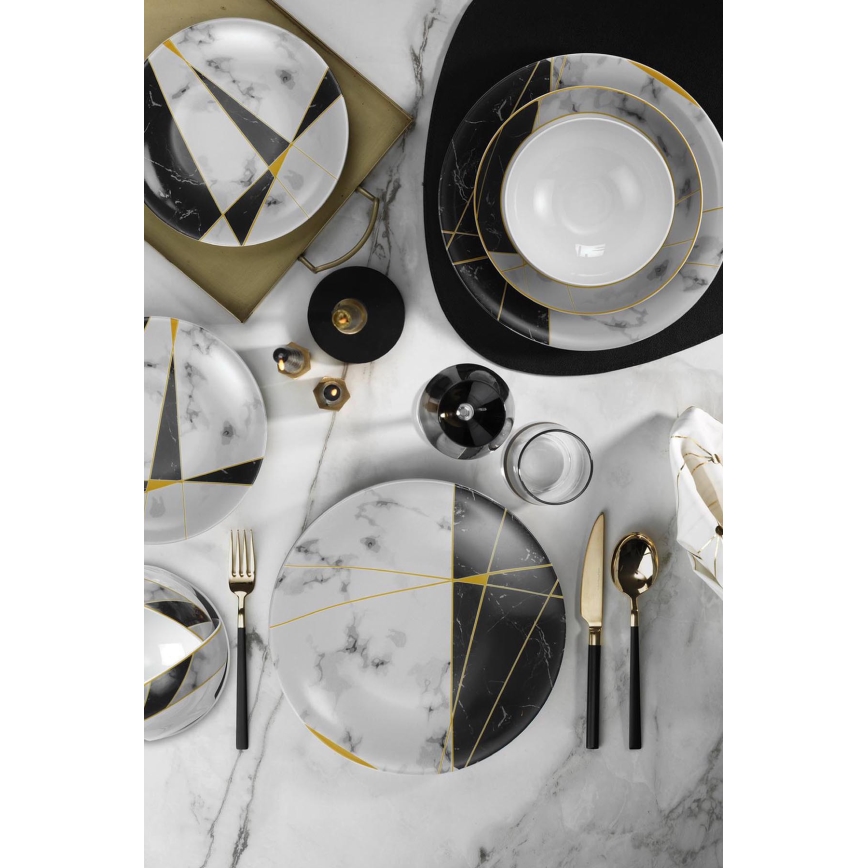 24-piece porcelain dinner set — black/white/gold