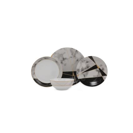 24-piece porcelain dinner set — black/white/gold