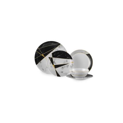 24-piece porcelain dinner set — black/white/gold