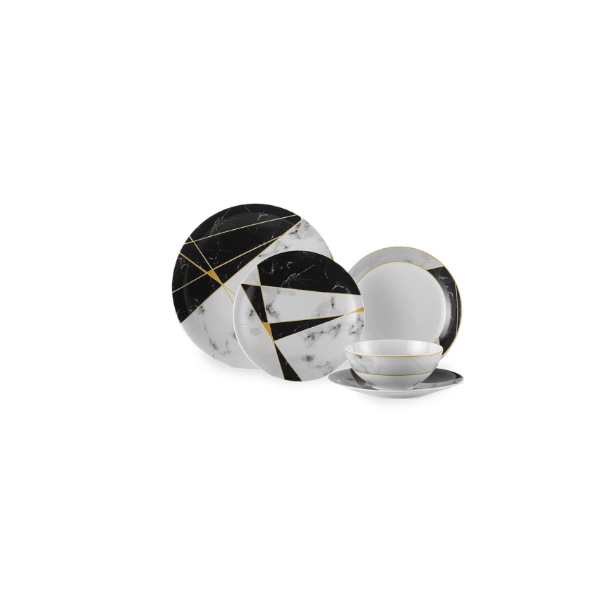 24-piece porcelain dinner set — black/white/gold