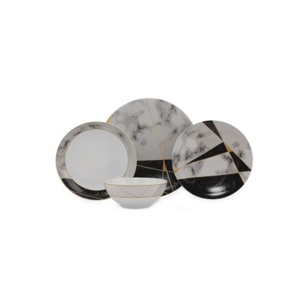 24-piece porcelain dinner set — black/white/gold