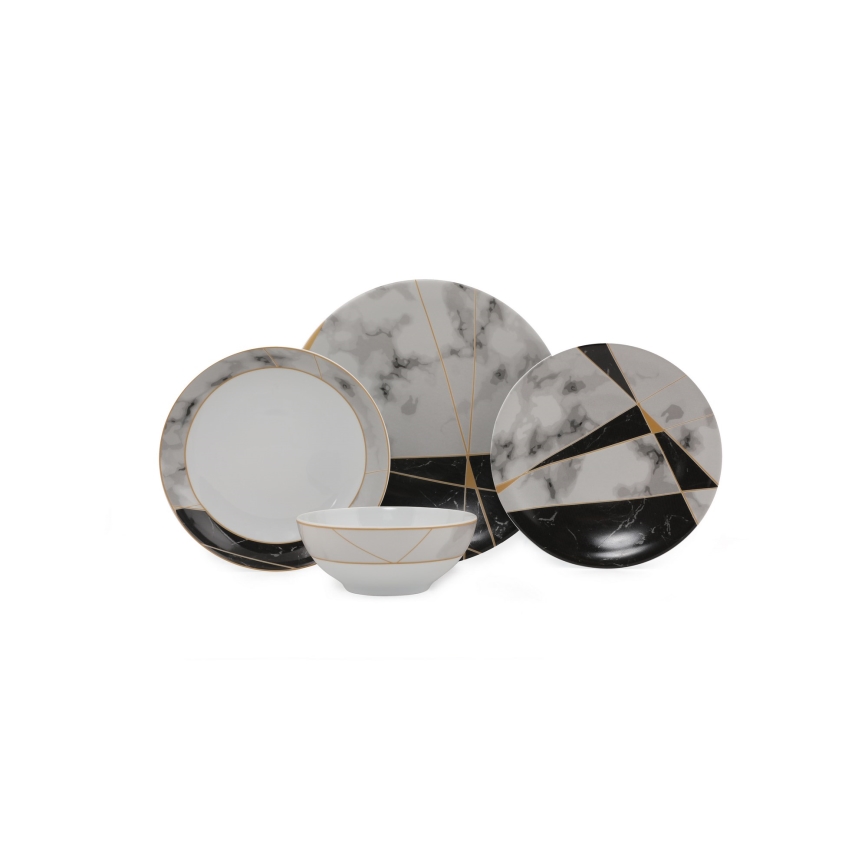 24-piece porcelain dinner set — black/white/gold