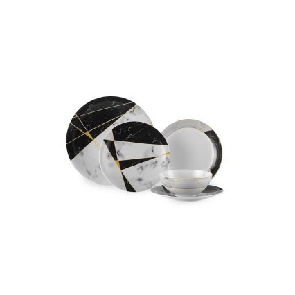 24-piece porcelain dinner set — black/white/gold