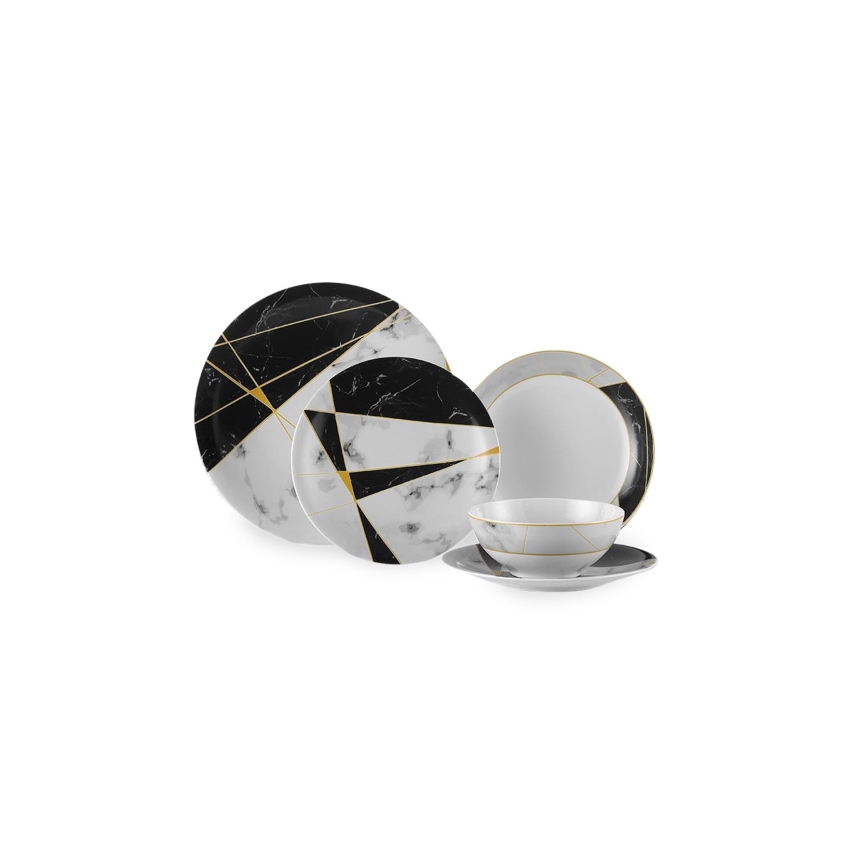 24-piece porcelain dinner set — black/white/gold