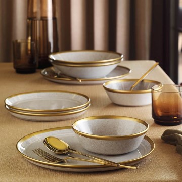 24-piece porcelain dinner set — gray with gold accents