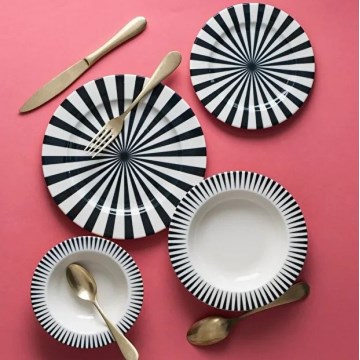 24-piece porcelain dinner set — white/black