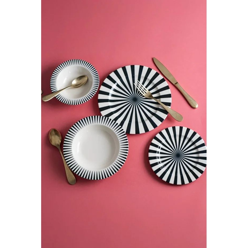 24-piece porcelain dinner set — white/black