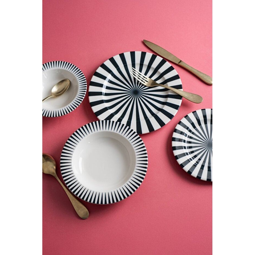 24-piece porcelain dinner set — white/black